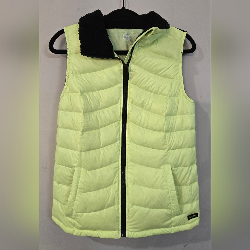 Women's Calvin Klein Neon Yellow Puffer Vest. Mixed Media. Pristine Condition